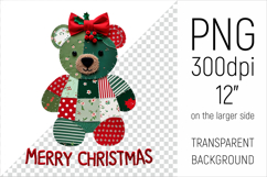 Christmas Patchwork Teddy Bear PNG. Perfect for Christmas crafts, digital scrapbooking, stickers, greeting cards, DIY decor, and sublimation printing.