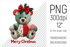 Christmas Patchwork Teddy Bear PNG. Perfect for Christmas crafts, digital scrapbooking, stickers, greeting cards, DIY decor, and sublimation printing.