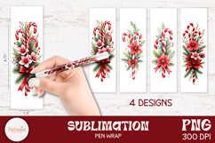Christmas pen wraps for sublimation featuring red candy canes, poinsettia flowers, pine branches and bows. Bundle of 4 festive PNG designs for pen decoration.