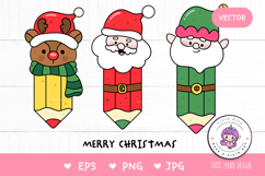 Christmas Pencil Reindeer Santa and cute Elf kawaii clipart Product Image 1