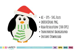 Christmas penguin illustrations in classic holiday colors