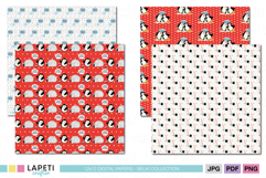 Christmas penguin scrapbook paper set featuring winter patterns, fishing rods, and family penguins, perfect for holiday crafts and printables.