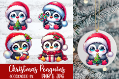 Christmas Penguins sublimation PNG —cute kawaii penguins with Santa hats, tree, lollipop, stocking, and gift, 4000x4000 px.