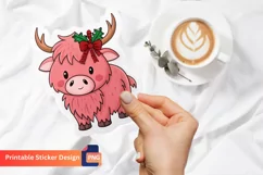 Christmas Pink Highland Cow Sticker, Pink Christmas Art Product Image 1