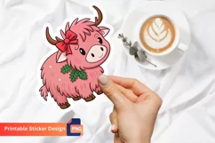 Christmas Pink Highland Cow Sticker, Pink Christmas Art Product Image 1