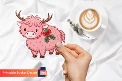 Christmas Pink Highland Cow Sticker, Pink Christmas Art Product Image 1