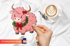 Christmas Pink Highland Cow Sticker, Pink Christmas Art Product Image 1