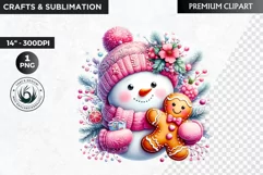 Pink Snowman clipart, Christmas clipart, winter clipart PNG Product Image 1