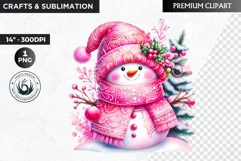 Pink Snowman clipart, Christmas clipart, winter clipart PNG Product Image 1