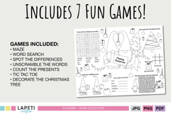 Christmas activity placemat preview showing included games like maze, word search, spot the differences, and decorate the tree for kids.