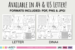 Christmas gnome printable placemat available in A4 and US Letter sizes, shown in PDF, PNG, JPG formats, perfect for holiday fun with kids.