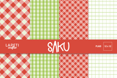 Plaid digital paper pack in red, green, and cream colors with festive checkered patterns for Christmas crafts.