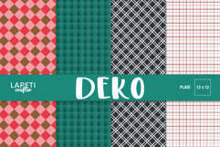 Plaid digital paper pack with red, green, brown, and black tartan patterns for festive crafting projects.