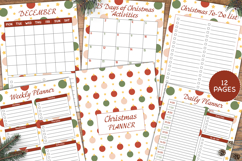 Printable Christmas planner bundle with 12 festive pages laid out on a wooden background. Pages include a December monthly calendar, 25 Days of Christmas Activities tracker, Christmas To-Do List, Weekly Planner, and Daily Planner.