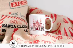 christmas sublimation design with candy cane castle illustration shown on a mug