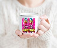 bright and tropical Christmas png design on a colorful leopard pattern background with a phrase saying merry and sunny Christmas on a white mug with a woman holding it