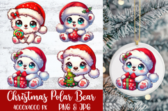 Christmas Polar Bear sublimation PNG —kawaii bears with lollipop, ornament, gift and tree, 4000x4000 px.