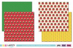 Red and white Christmas polka dot paper with Santa illustrations, festive backgrounds for crafts and digital designs.