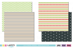 Holiday digital paper collection with red dots, white stars, and striped patterns in red, green, and gold, ideal for scrapbooking and crafts.