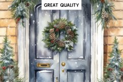 watercolor Christmas Porch Front Door, xmas clipart, sublimation nursery, holiday winter Porch Front Door Entry Decor Clipart PNG Scrapbook Nursery wall art card making collage printable files xmas decoration junk journal sublimation designs santa