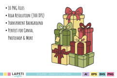 Stack of Christmas presents with ribbons, cute gift clipart for holiday projects.