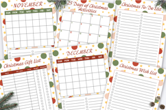 Printable Christmas planner bundle including Christmas Gift List, Wish List, To-Do List, 25 Days of Christmas Activities, and November and December calendars. Festive pages with red, green, and gold ornament and star borders.