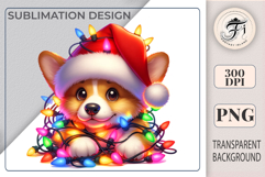 Cute Christmas puppy wearing a Santa hat and garland. Perfect cartoon clipart PNG for holiday designs and printing.