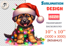 Cute Christmas puppy wearing a Santa hat and garland. Perfect cartoon clipart PNG for holiday designs and printing.