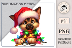 Cute Christmas puppy wearing a Santa hat and garland. Perfect cartoon clipart PNG for holiday designs and printing.