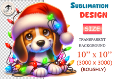 Cute Christmas puppy wearing a Santa hat and garland. Perfect cartoon clipart PNG for holiday designs and printing.