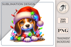Cute Christmas puppy wearing a Santa hat and garland. Perfect cartoon clipart PNG for holiday designs and printing.