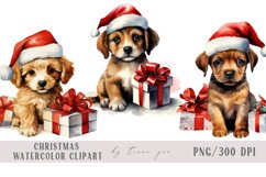 Watercolor Christmas puppy dog with gift boxes clipart-3 png Product Image 1