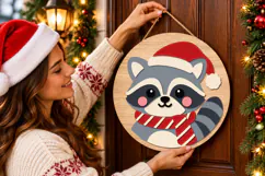 Christmas Raccoon Sign SVG, Round Door Hanger File SVG Product Image 2