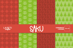 Red and green Christmas digital papers with tree, candy cane, and gift patterns.