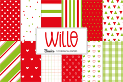 Christmas digital paper pack in red and green with festive basic patterns including stripes, dots, hearts, and stars.