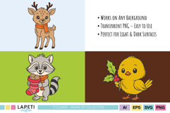 Cute reindeer, raccoon, and chick holding holly, Christmas woodland animal PNG set.