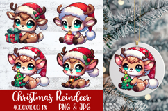 Christmas Reindeer sublimation PNG —kawaii deer with gift, ornament, tree and jingle bell scarf