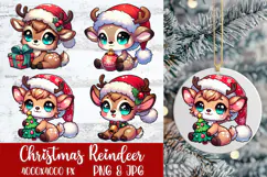 Christmas Reindeer sublimation PNG —kawaii deer with gift, ornament, tree and jingle bell scarf