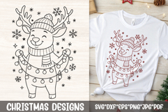 Cute reindeer with garland of Christmas lights, scarf, and hat—single-color SVG for shirts, mugs, pajamas, stickers, and craft cuts.