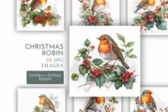 Christmas Robin on Holly | Watercolour Clipart JPG Product Image 1