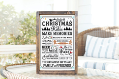 Festive Christmas Rules SVG with cozy farmhouse fonts displayed on wood sign mockup.