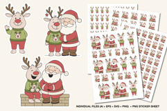 Cute Christmas Santa and reindeer sticker sheet with adorable festive illustrations, perfect for planners, scrapbooking and holiday crafts.