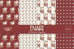 Christmas Santa and reindeer digital papers in red, cream and green with stars and festive patterns — perfect for holiday scrapbooking and card making.