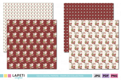 Adorable Santa and reindeer digital paper set with cozy Christmas patterns, including stars and character repeats — ideal for festive crafts and scrapbooking.