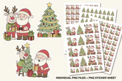 Cute Christmas Santa and reindeer stickers with gifts and tree, kawaii holiday PNG set for festive crafts and printables