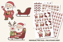 Cute Christmas Santa sticker sheet with Santa, reindeer, and sleigh illustrations in festive red and green tones, includes individual PNG files and printable sticker sheet.