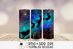 Christmas tumbler png design with santa and reindeer sleds on glittery sky