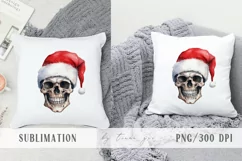 Watercolor Christmas skull with Santa hat pillow sublimation Product Image 1