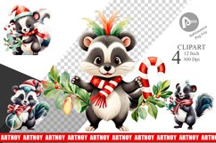 Watercolor Christmas Skunk Clipart Product Image 1