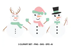 Cute Christmas snowman clipart with three cheerful winter characters in festive accessories